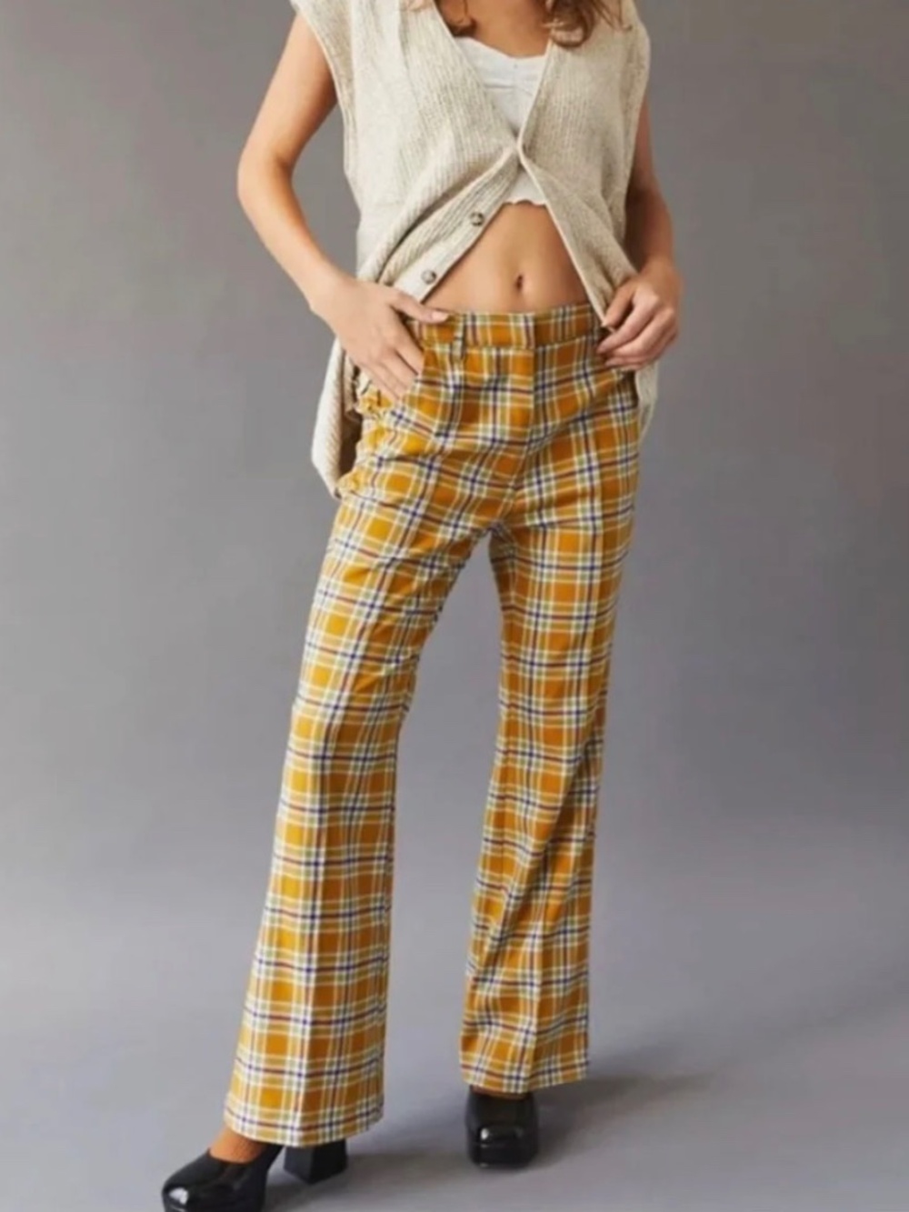 Urban Outfitters Isabella Plaid Flare Pants Yellow Ochre Retro 70s. Size 0.